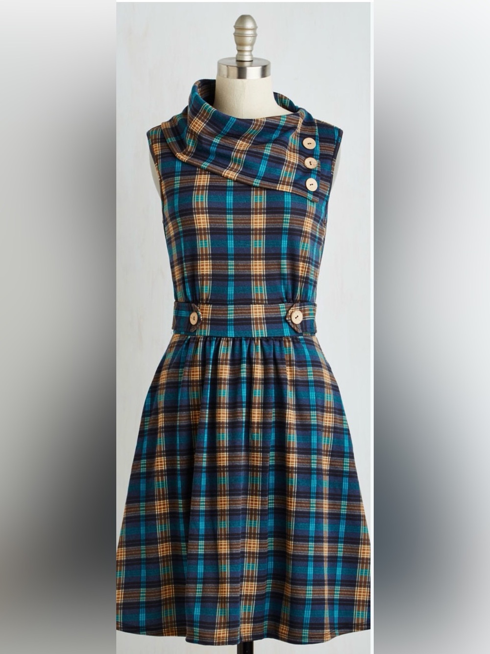 ModCloth “Coach Tour” Plaid Sleeveless Cowl Neck Dress with Pockets!